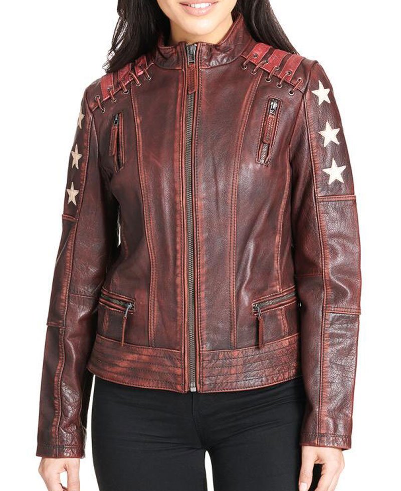 Women's Stars and Stripes Biker  Distressed Brown Leather Jacket